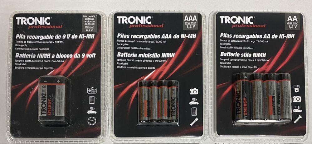 Акумулятори TRONIC ААА 1000mAh 1.2V, AA 2500mAh 1.2V, крона 250mAh 9V