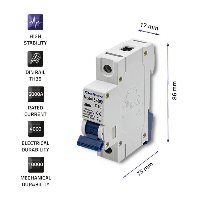Wyłącznik nadprądowy C16 bezpiecznik AC Qoltec 1P 16A - 52590