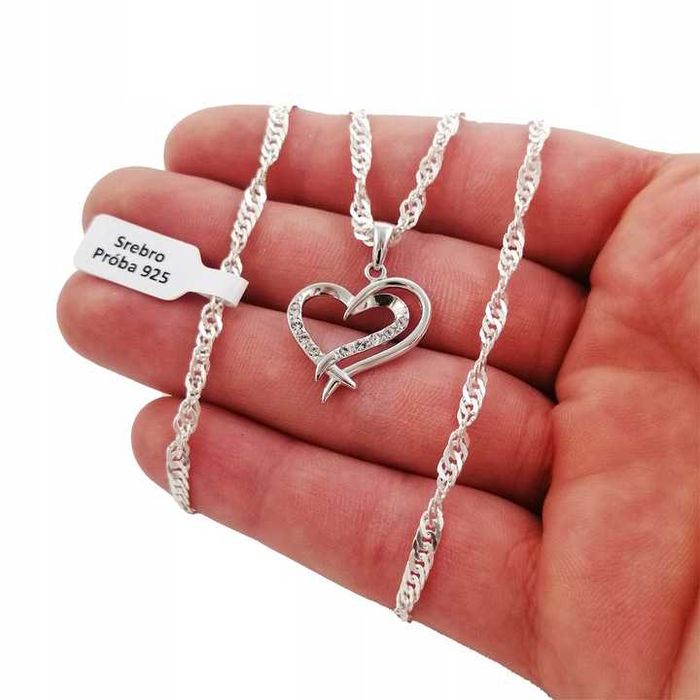 Srebrny łańcuszek singapur+serce 50cm 925 GWARANCJA PREZENT