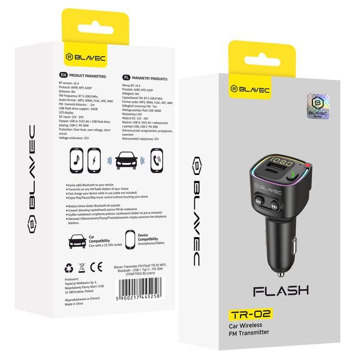 Transmiter FM Flash TR-02 MP3, Bluetooth - USB + Typ C - PD 30W