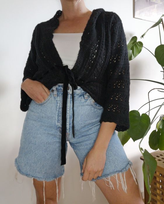 Czarny ażurowy kardigan oversize boho wełna vintage