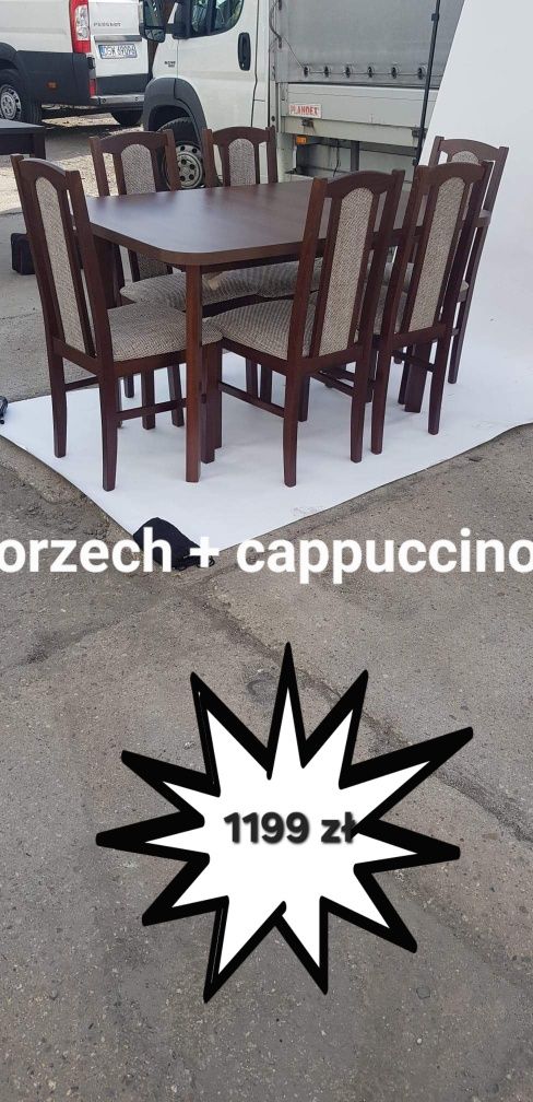 Nowe: Stół 80x140->180 + 6 krzeseł, orzech + cappuccino, dostawa PL