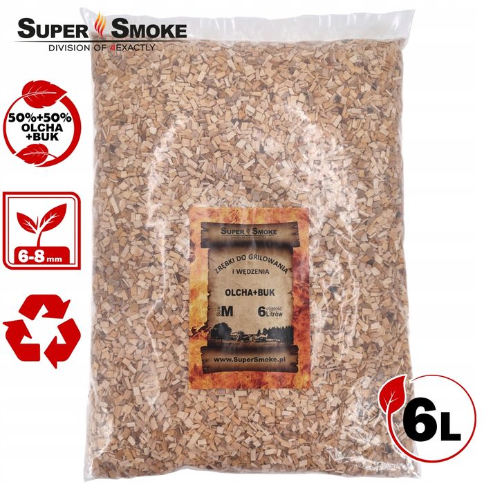 Zrębki Wędzarnicze Super Smoke OLCHA+BUK KL-08 (6-8mm) Medium 6 Litrów
