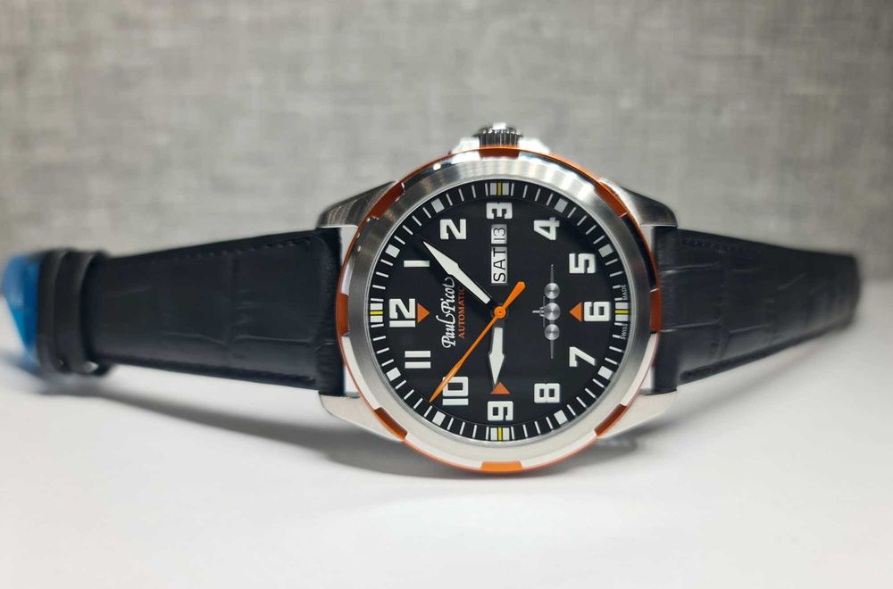 Чоловічий годинник Paul Picot Pilot 42mm Black-Orange Automatic новий