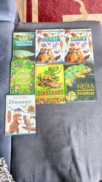 Książki o zwierzętach i dinozałrach i atlas ryb