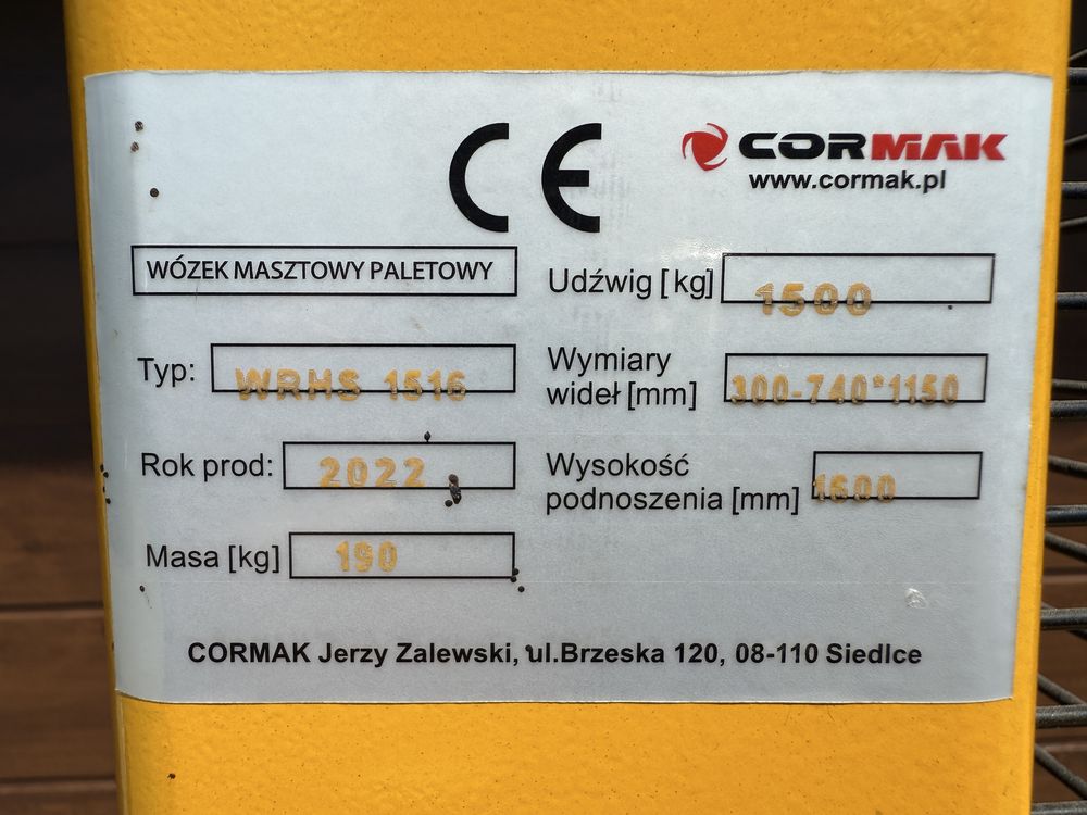 Wózek masztowy paletowy Cormak paleciak sztapler