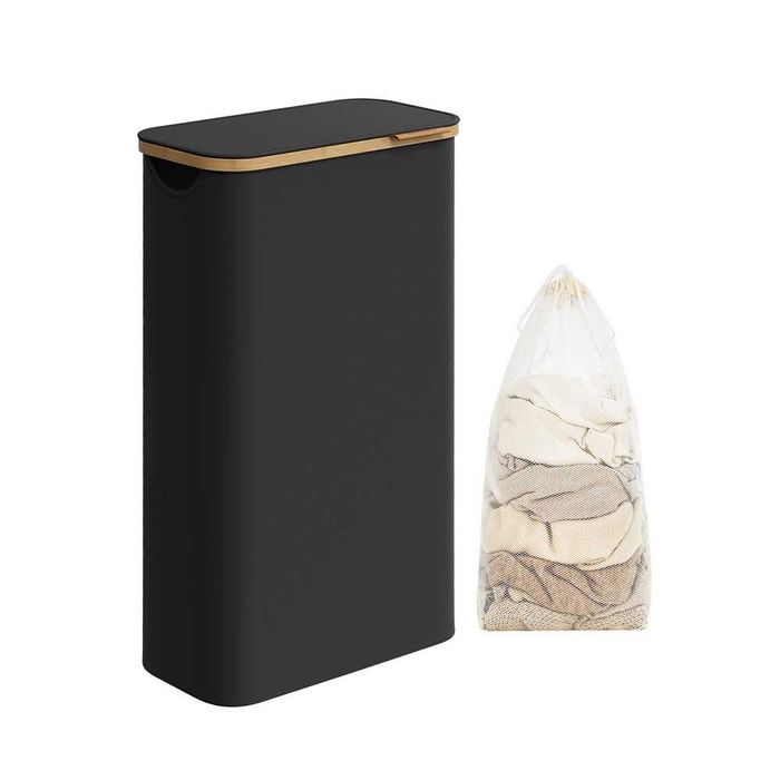 Kosz na pranie z pokrywą 65L uchwyty bambusowe siateczkowy wkład