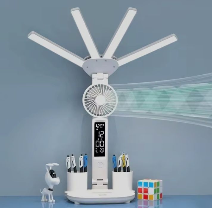 Настольная led лампа с аккумулятором, вентилятором и часами