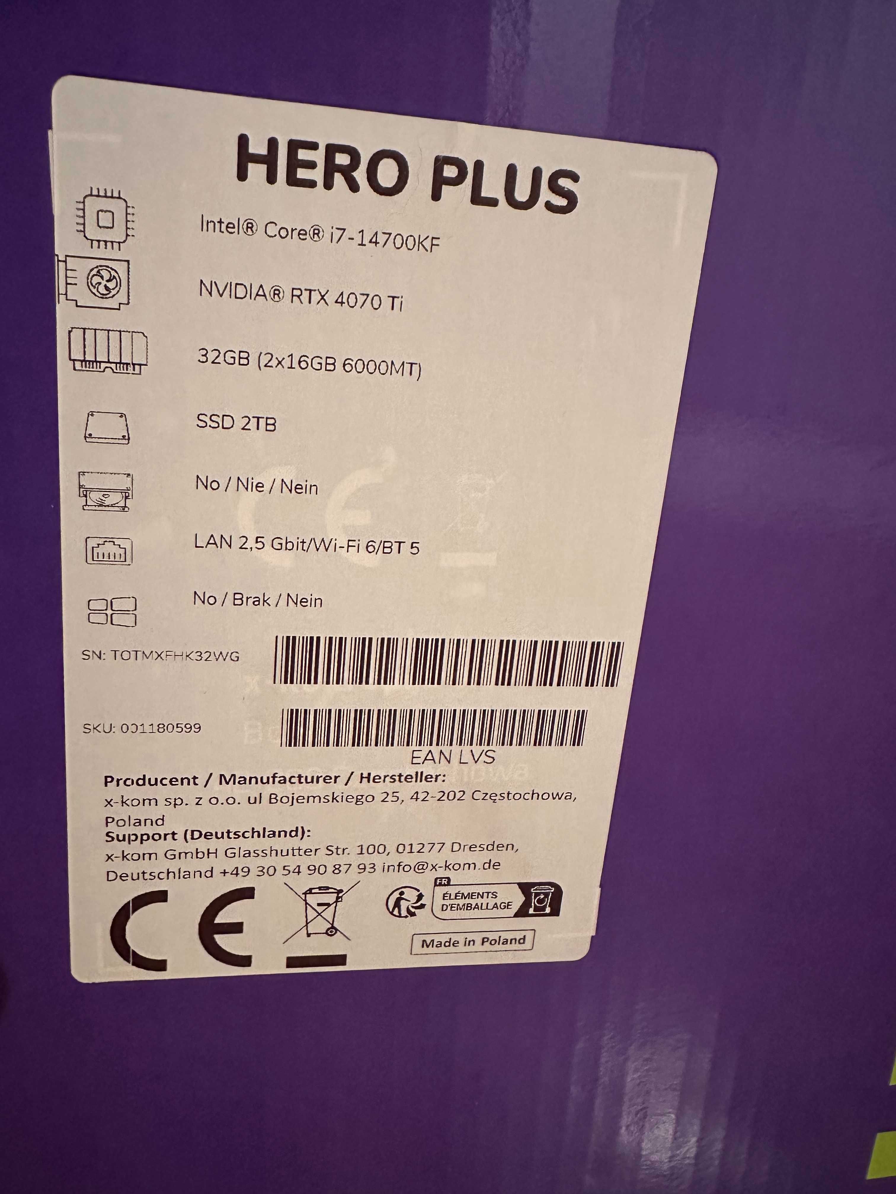 Komputer G4M3R HERO PLUS i7-14700KF/32GB/2TB/RTX4070Ti