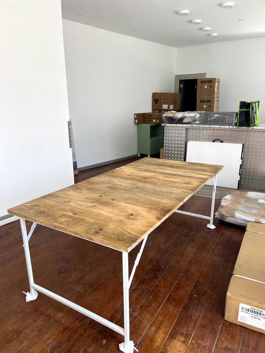 Mesa jantar de madeira 200cm x 100cm, dobrável, pés brancos