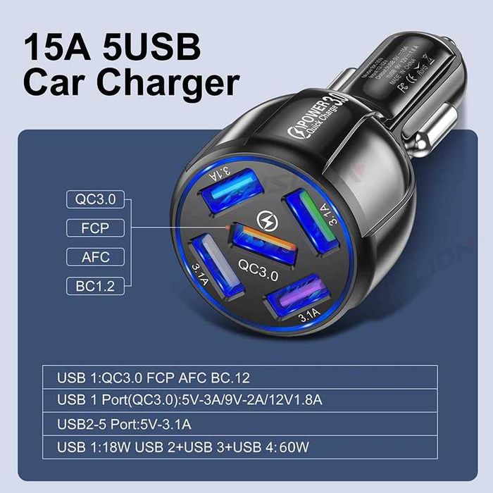 Автомобильное зарядное устройство BK-359 USB 5 Port 15A QC3.0...