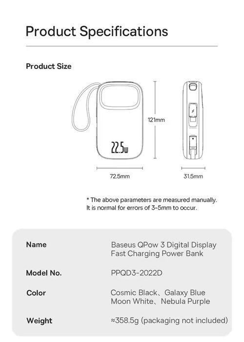 Power Bank Baseus 20000mAh 22.5W з вбудованим кабелем