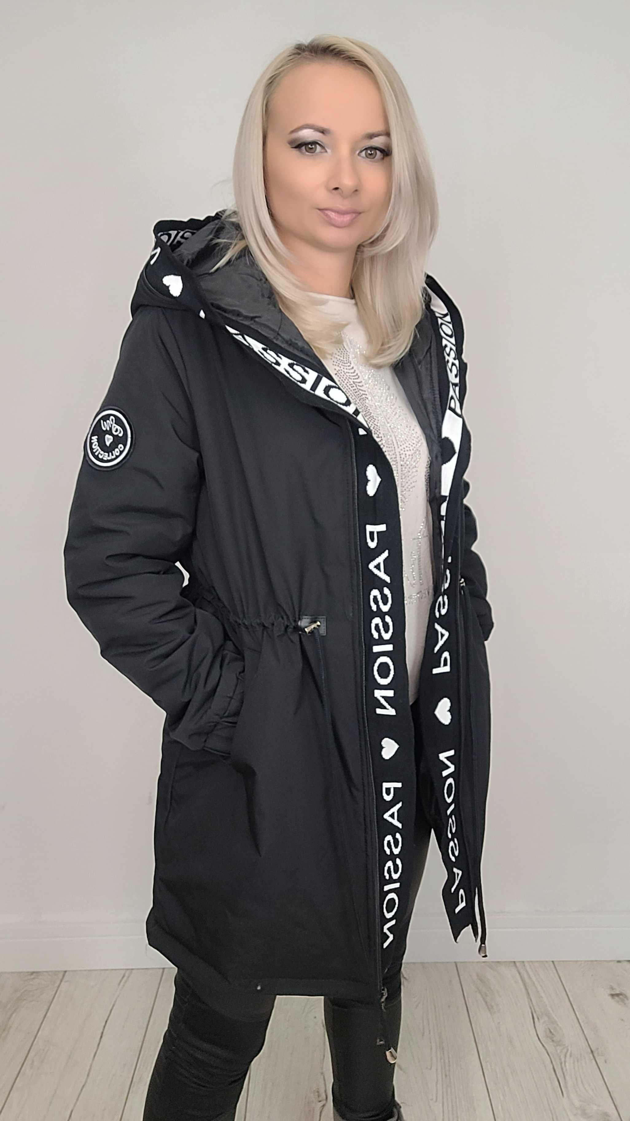 XS-7XL Kurtka parka kaptur jesienna CZARNA ocieplana TU KUPUJESZ XL/42