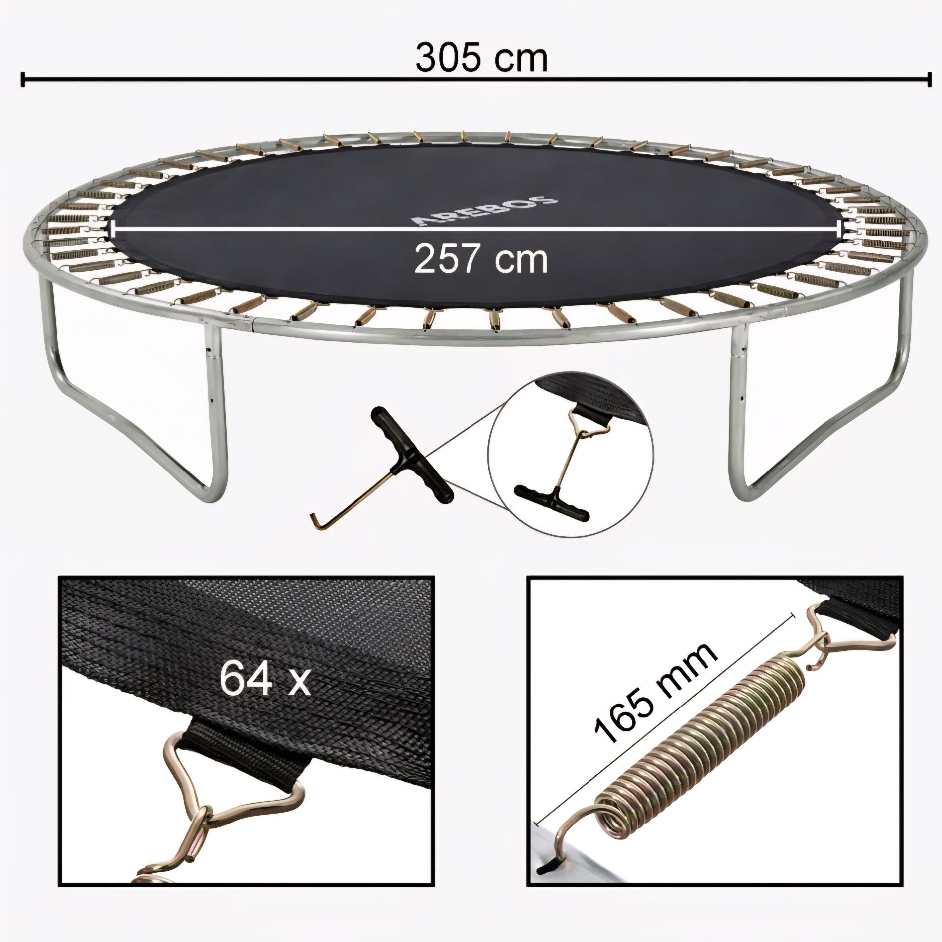 Mata do trampoliny 305cm 64 oczek 140 mm lub 165 cm Arebos