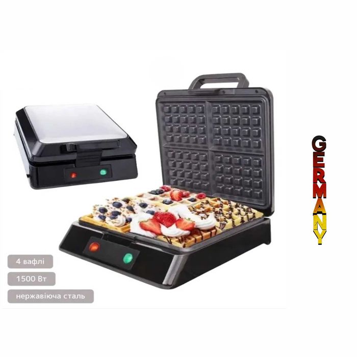 Вафельниця: 1500 Вт, 4 вафлі, антипригарне покриття для всієї родини