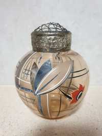 Rara antiga jarra Arte Deco em vidro esmaltado com armação  em metal