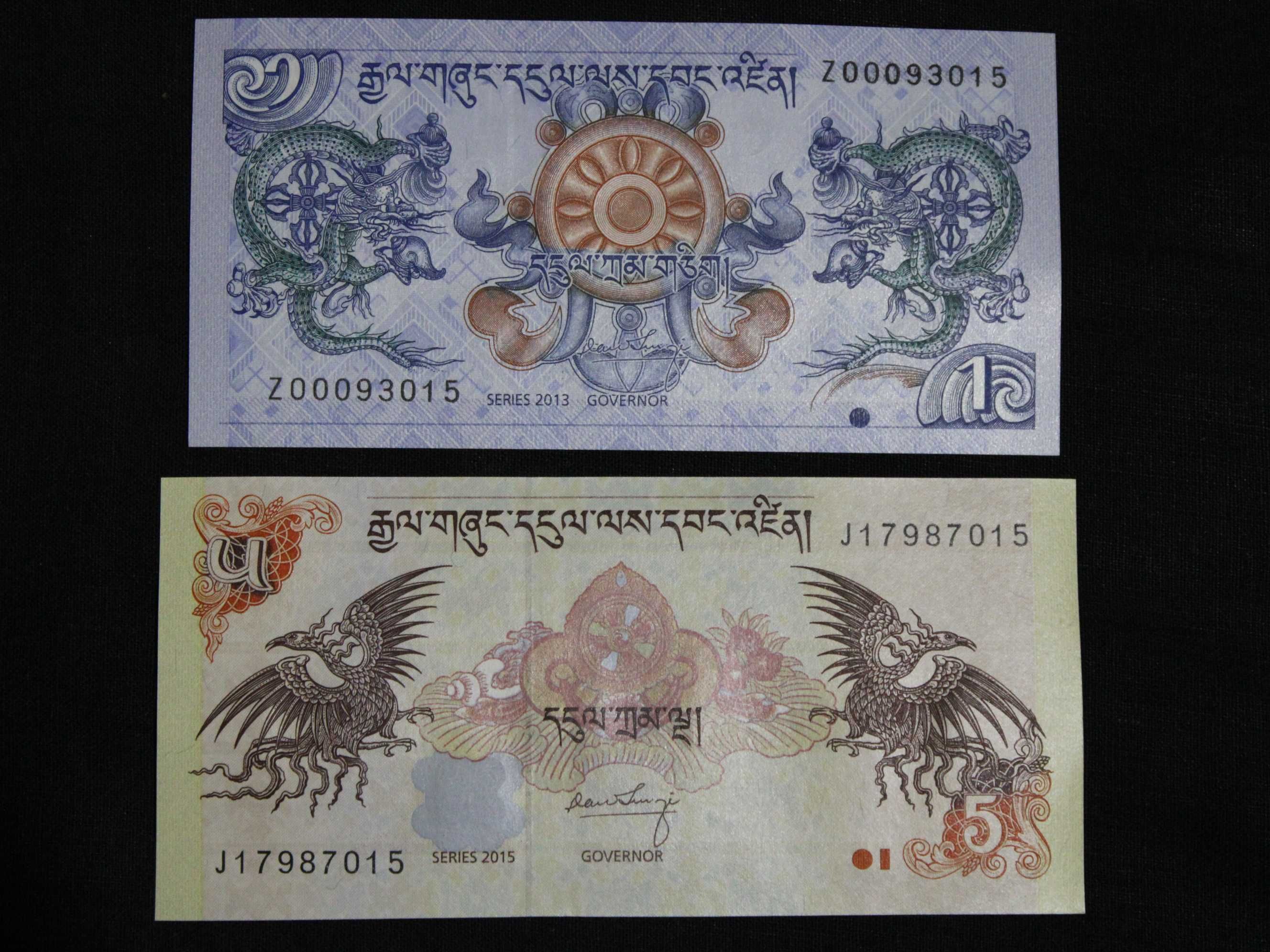 Banknoty Bhutan 2szt 1 5 ngultrum P-27b 28b. Stan bankowy UNC
