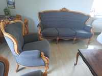 Komplet wypoczynkowy stylowy Ludwik szary sofa fotele drewno ideał