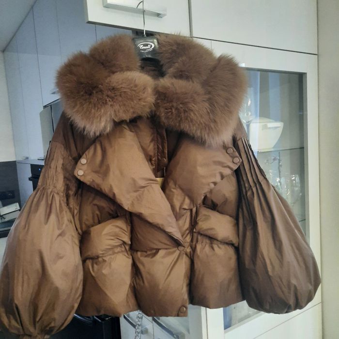 Kurtka puchowa brązowa kołnierz z lisa xl