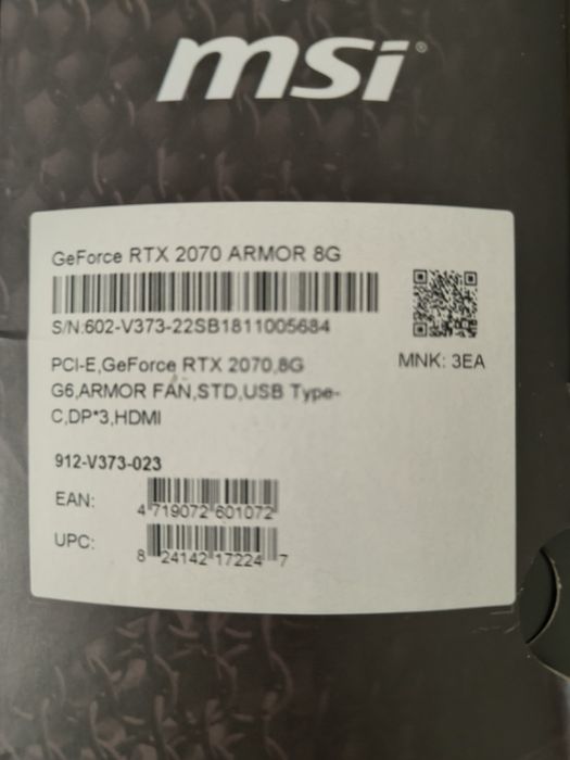 MSI GeForce RTX 2070 Armor 8GB GDDR6 – Stan BDB – Oryginalne pudełko