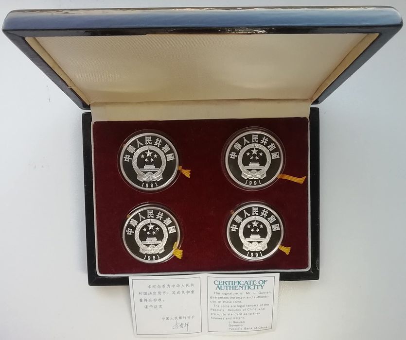 Китай набір 5 юань (4 шт.) 1991р. СРІБЛО. Сертифікати. ПРУФ.