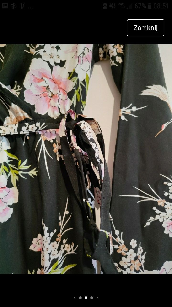 Asymetryczna sukienka w kwiatki kwiatuszki kopertowa dekold w serek L