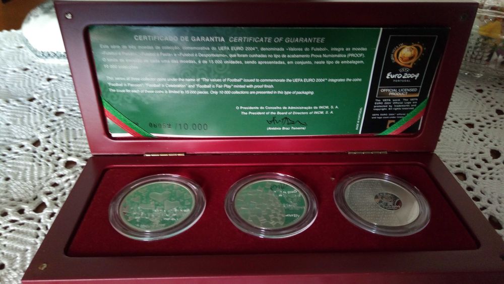 Pack de 3 Moedas do Euro 2004 os Valores do Futebol, Prata Proof