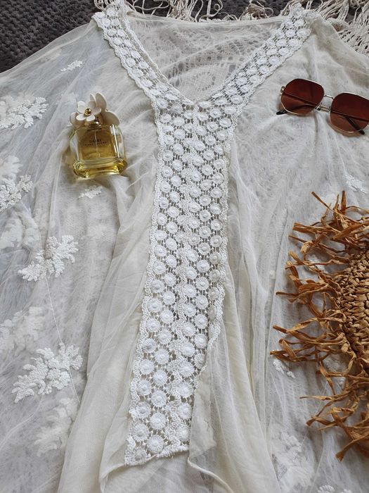 Przepiękne pareo poncho narzutka Boho ecru One size bawełna