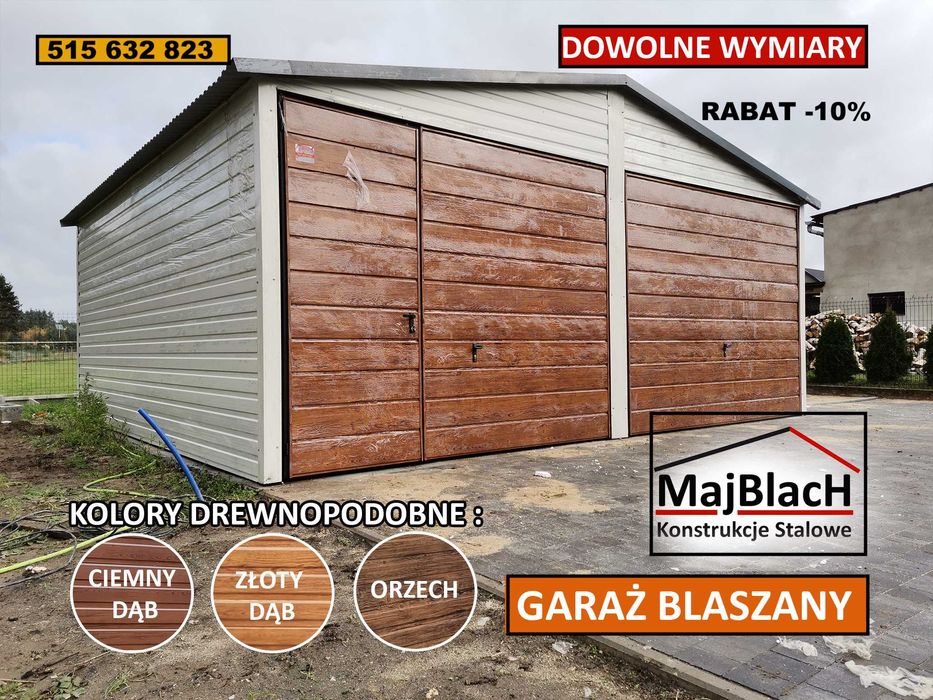 Garaż Blaszany - Biały + ZŁOTY DĄB  - Garaże Blaszane – Maj-Blach
