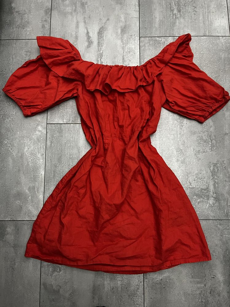 Lniana koralowa sukienka H&M 42 hiszpanka