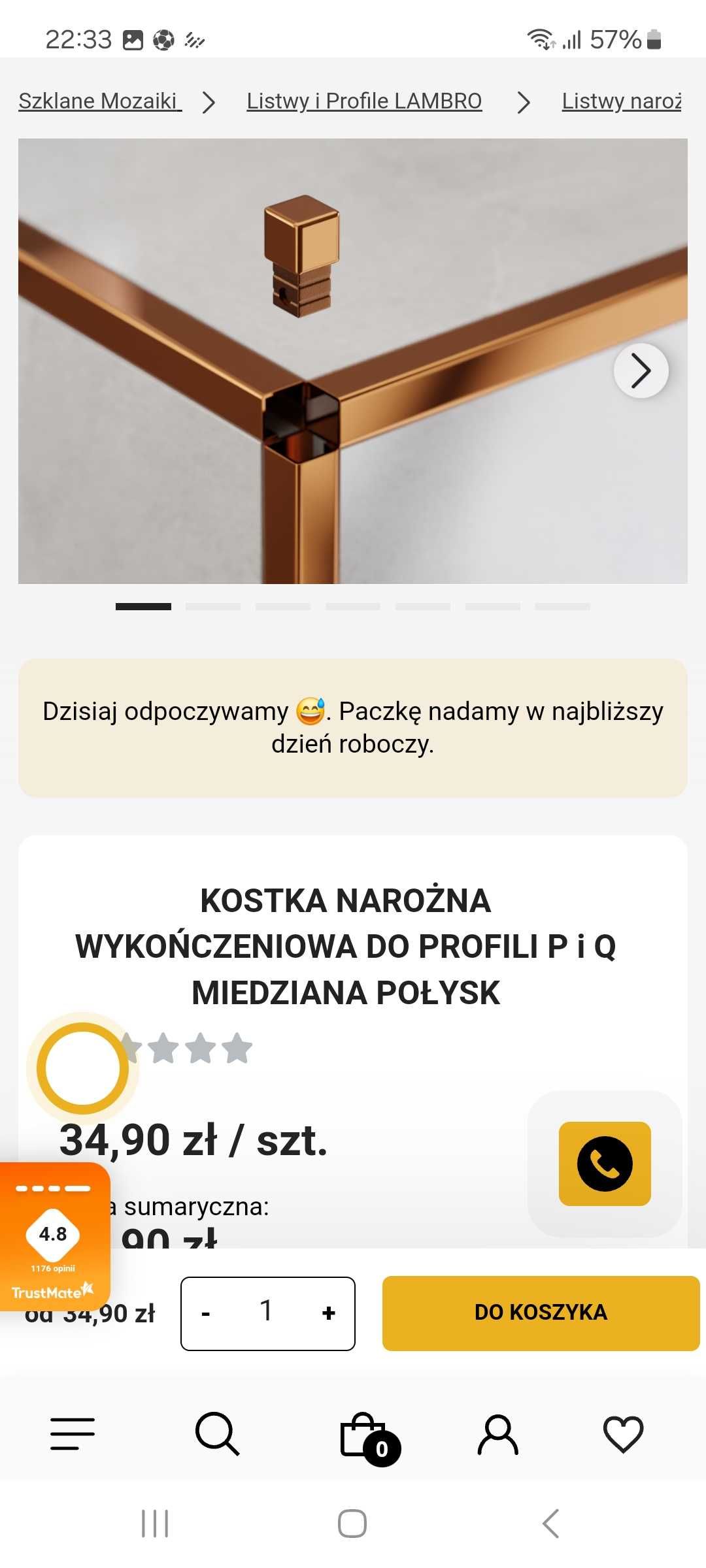 Profil narożny miedziany do płytek, glazury + kostka miedziana