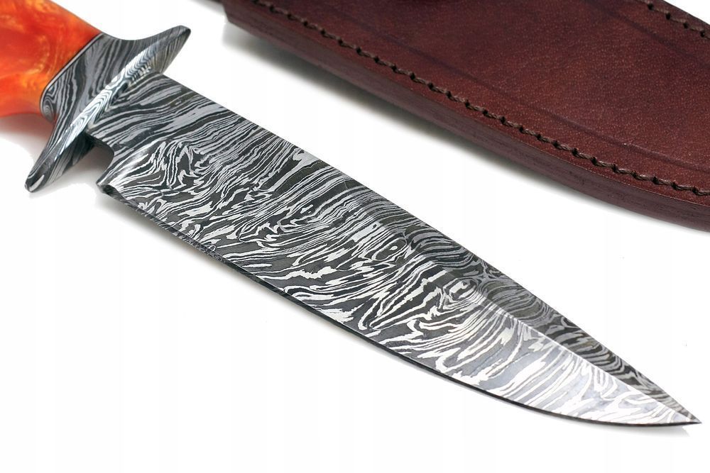 Nóż myśliwski ręcznie wykonany wojskowy BOWIE stal DAMASCEŃSKA ETUI