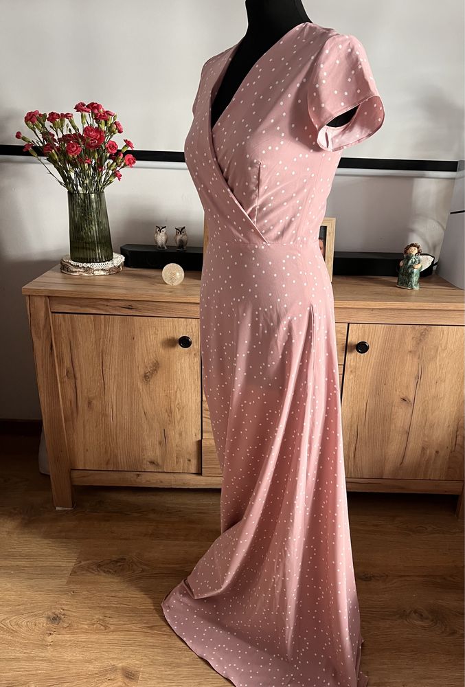 Długa sukienka Natali Bolgar różowa kropki xs s 34 36 wesele kieszenie