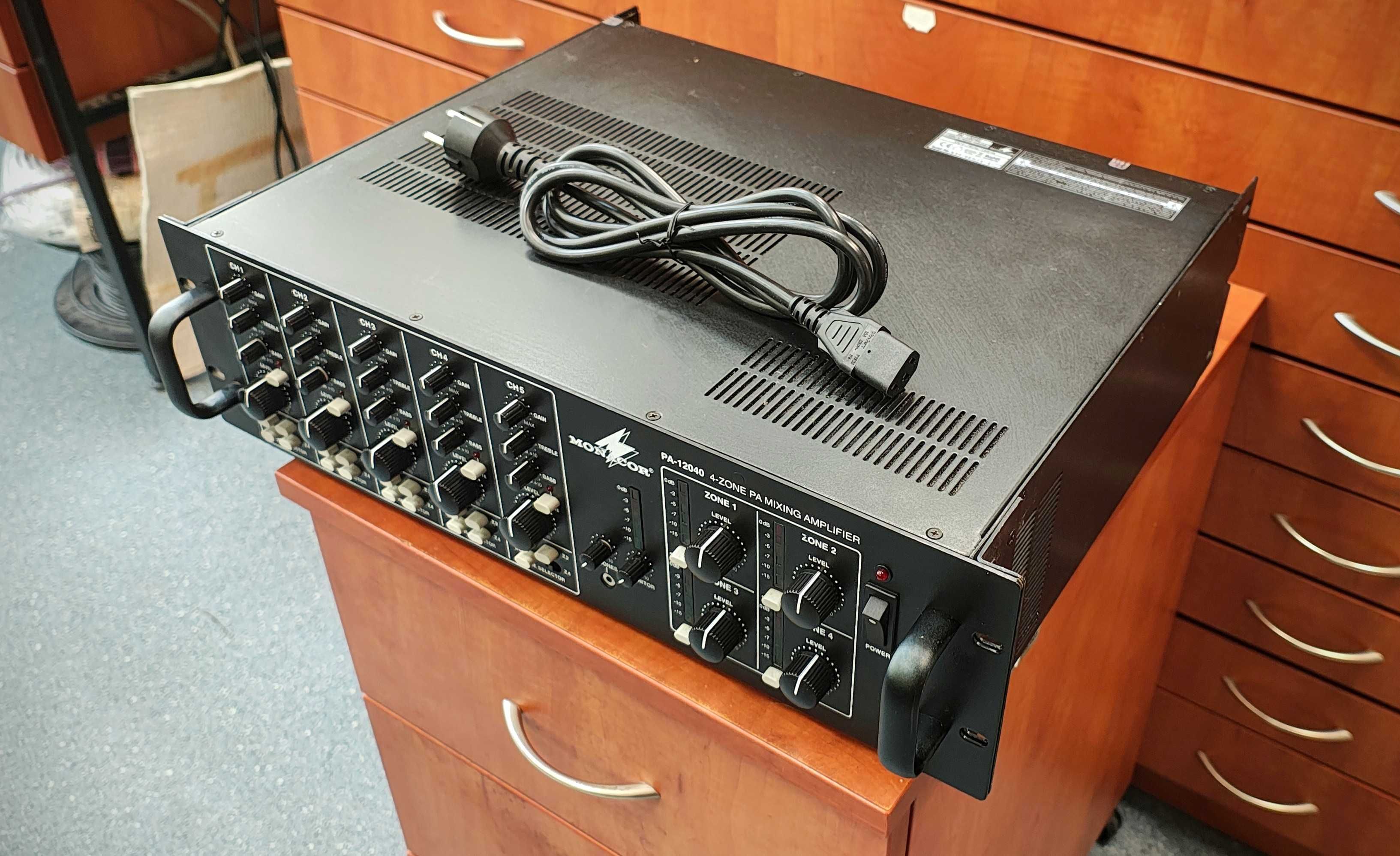 Wzmacniacz radiowęzłowy Monacor PA-12040 4-ro strefowy FV