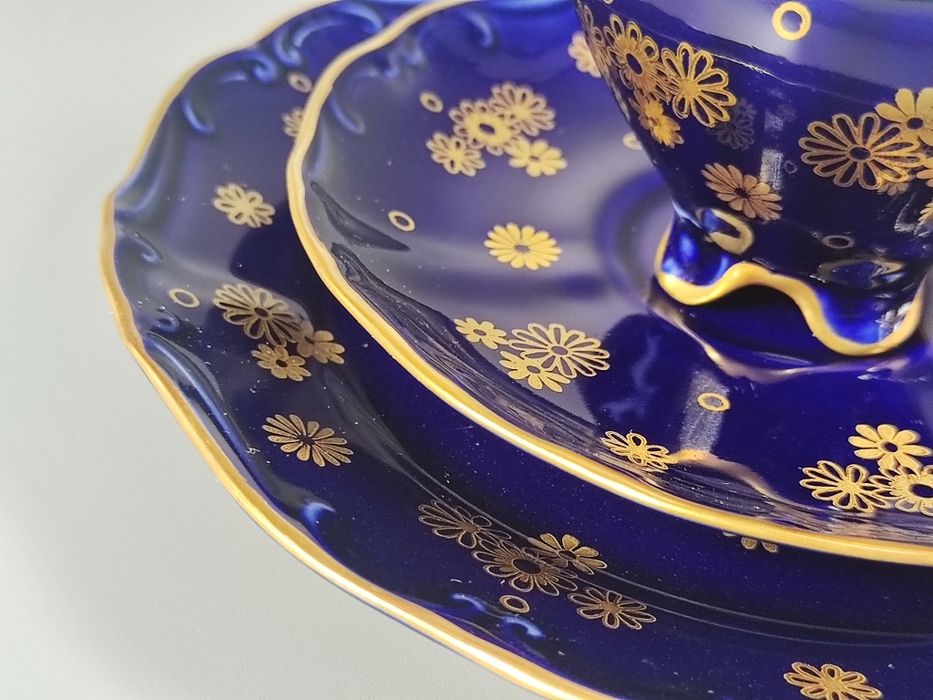 Lichte Fine China trio zestaw śniadaniowy, filiżanka, kobalt NRD / DDR
