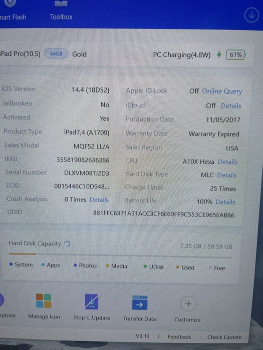 Планшет Apple Ipad Pro 10,5 lte ios 14 BH 100%