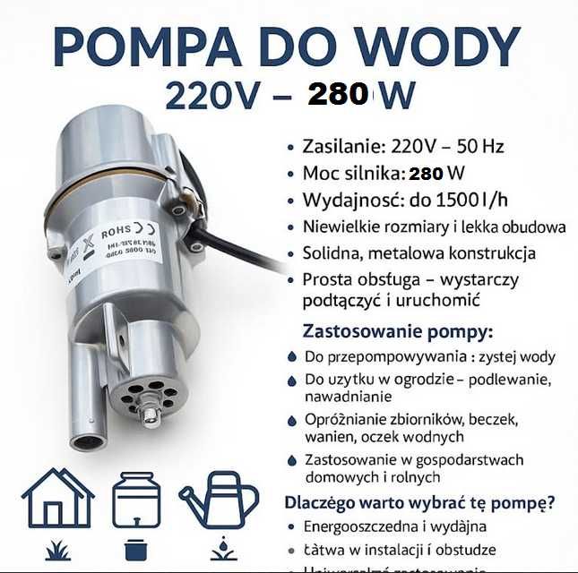 Pompa do wody 220V 280W 1500l/h kabel 5m super cena