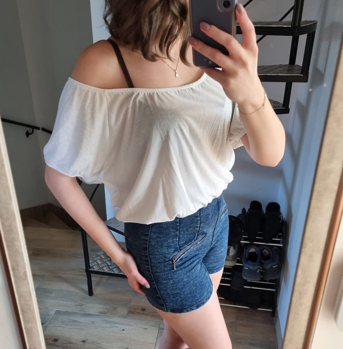 Biała bluzka krótka crop top lato Boho oversize hiszpanka dekolt