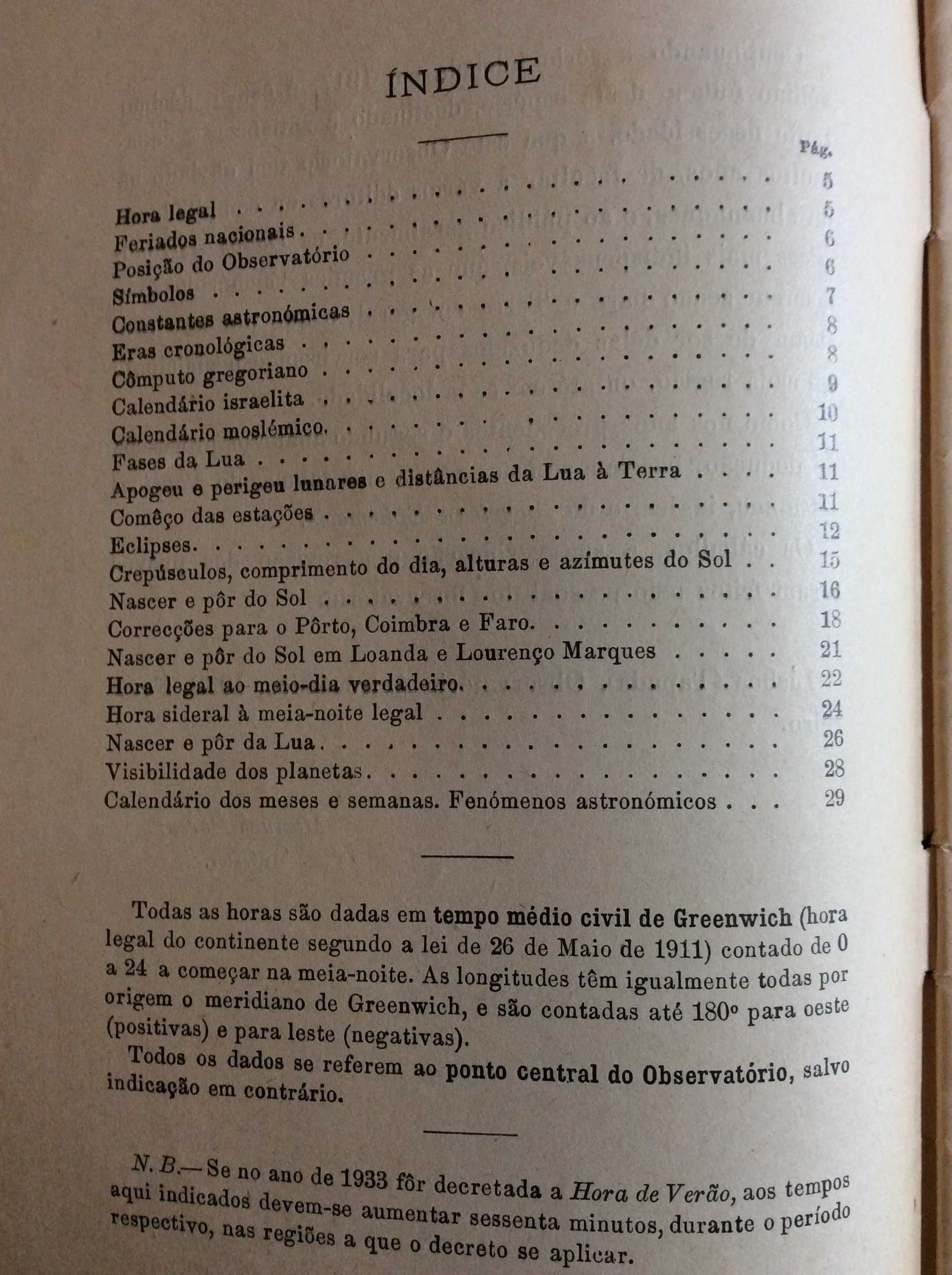 Dados astronómicos para os almanaq. de 1933 para Portugal. Ver índice