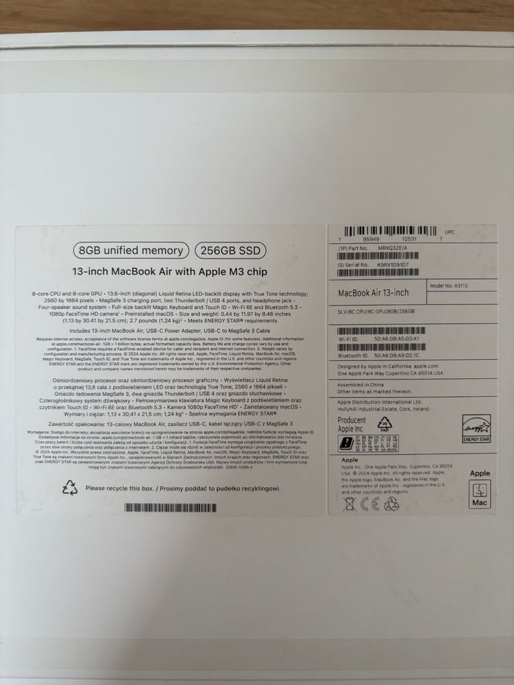 Laptop Apple MacBook Air 13' M3/256 GB/8 GB Silver 2024 Retina