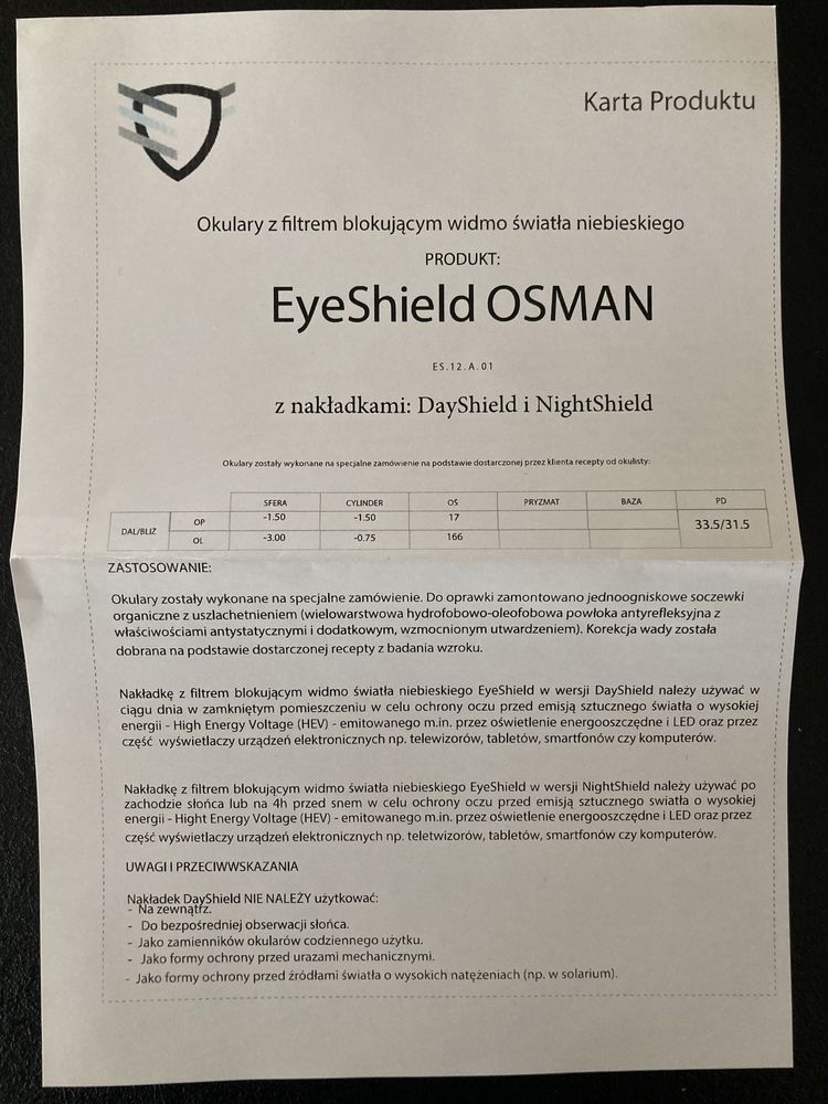 Okulary EyeShield Osman, korekcyjne z nakladkami