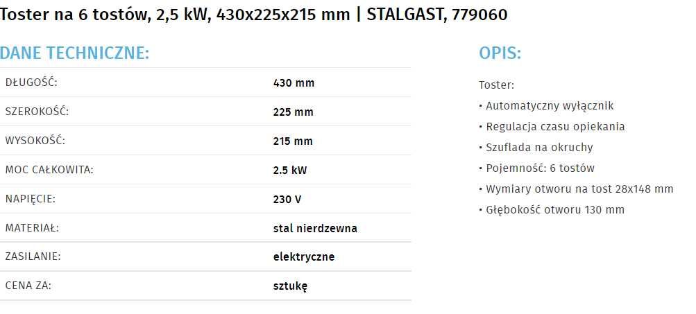 Toster na 6 tostów, 2,5 kW, 430x225x215 mm | STALGAST, 779060