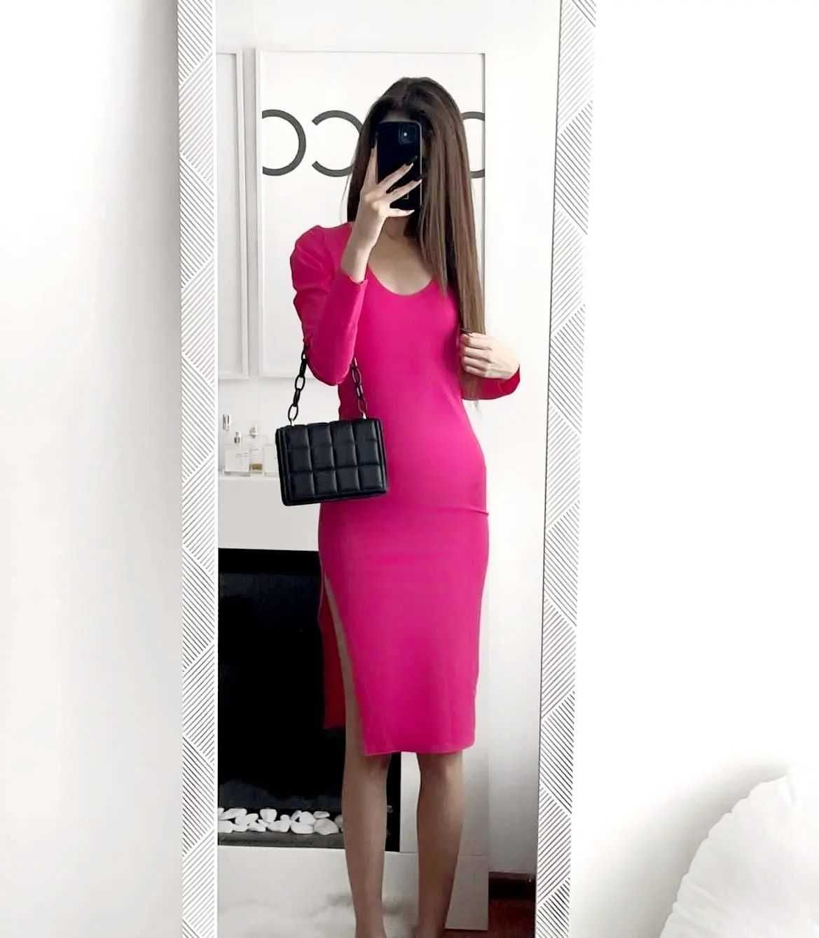 Różowa Sukienka z Rozporkiem na nodze Rozcięcie na boku XS/S S/M M/L