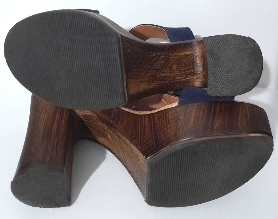 Sandálias azuis compensadas em pele e madeira Seaside nº 36