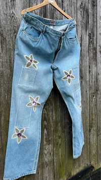 Spodnie jeansy kwiaty przetarcia vintage 70s 80s 90s style szerokie