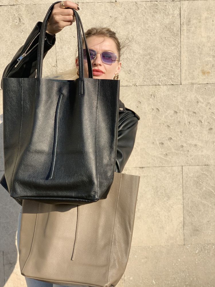 Чорная кожаная женская сумка шоппер