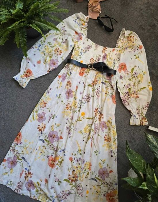 H&M dluga maxi romsntyczna sukienka bawełniana w kwiaty L