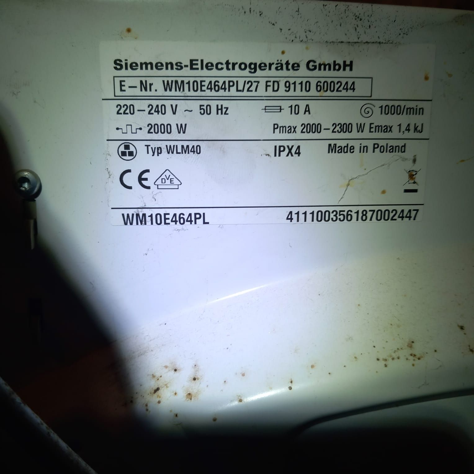 Pralka Siemens do wymiany prawdopodobnie łożysko bębna