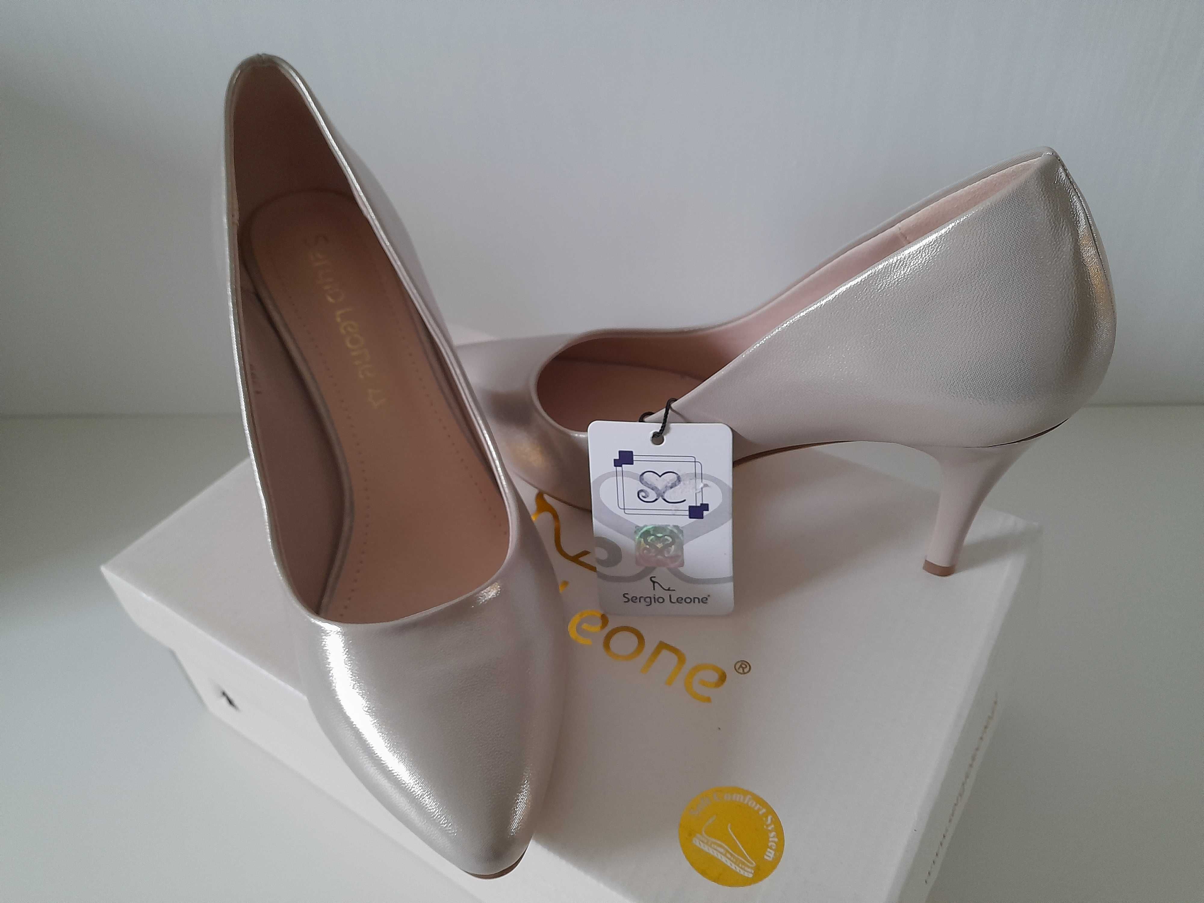 Nowe buty szpilki czółenka Sergio Leone 38 złoty róż gold rose