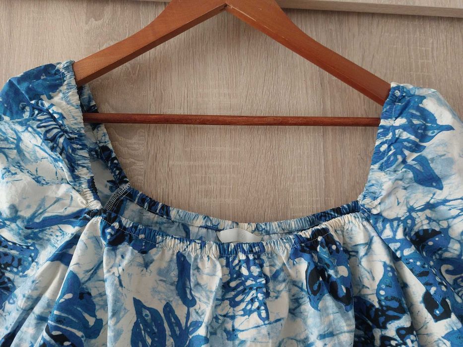 Śliczna bluzka karo kwadratowy dekolt bufki crop top H&M top niebieski